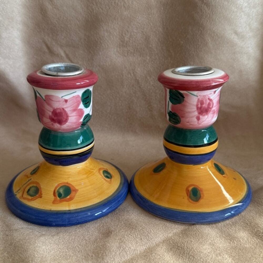 Set of 2 Bella Casa by Ganz 3.5 in Bright Floral Decorative Ceramic Candlestick